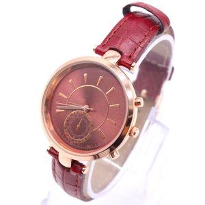 BWC Watch Womens Gold Tone Stainless Steel Red Leather Band Classic Red Dial